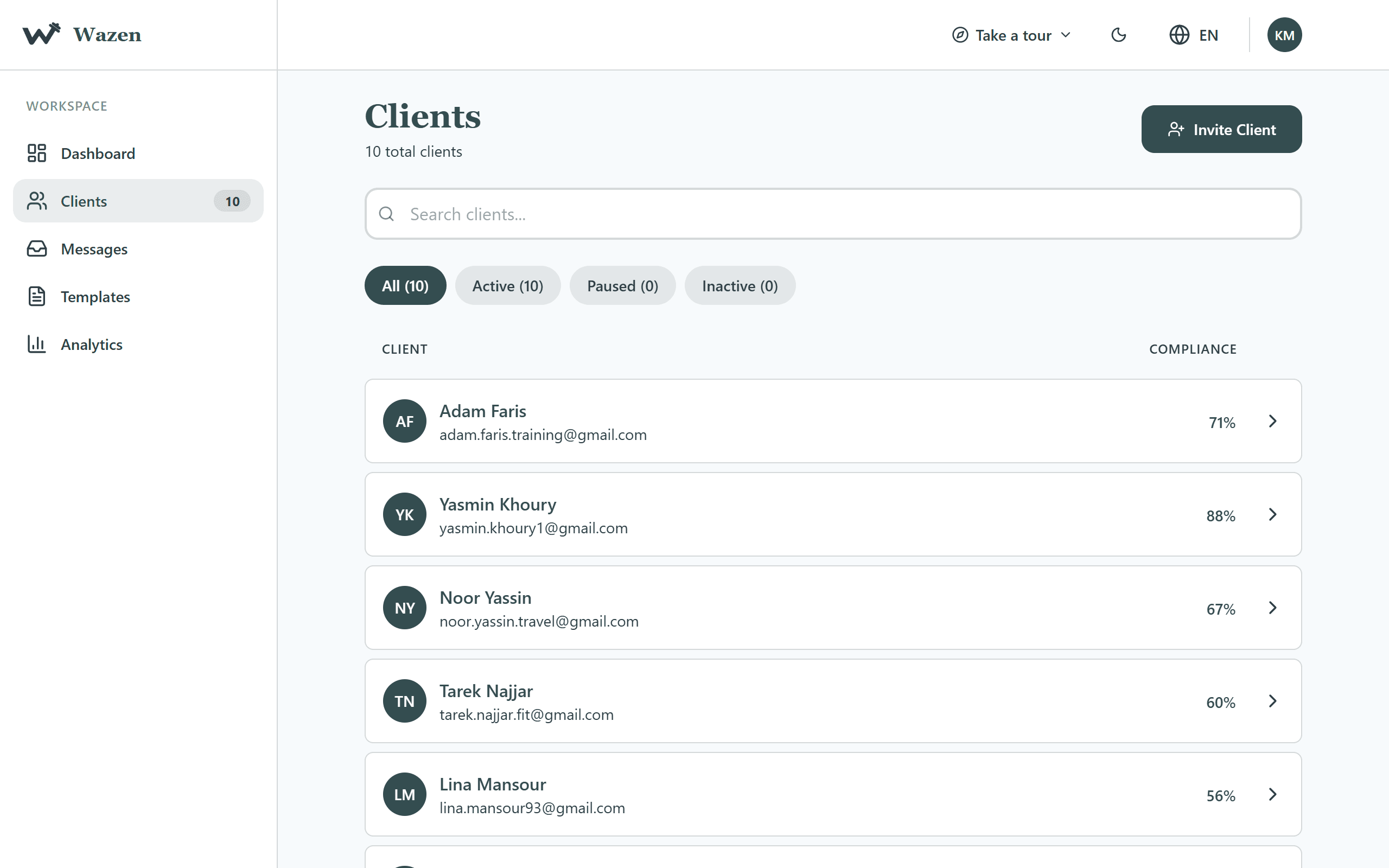 Wazen client roster showing compliance scores for each client