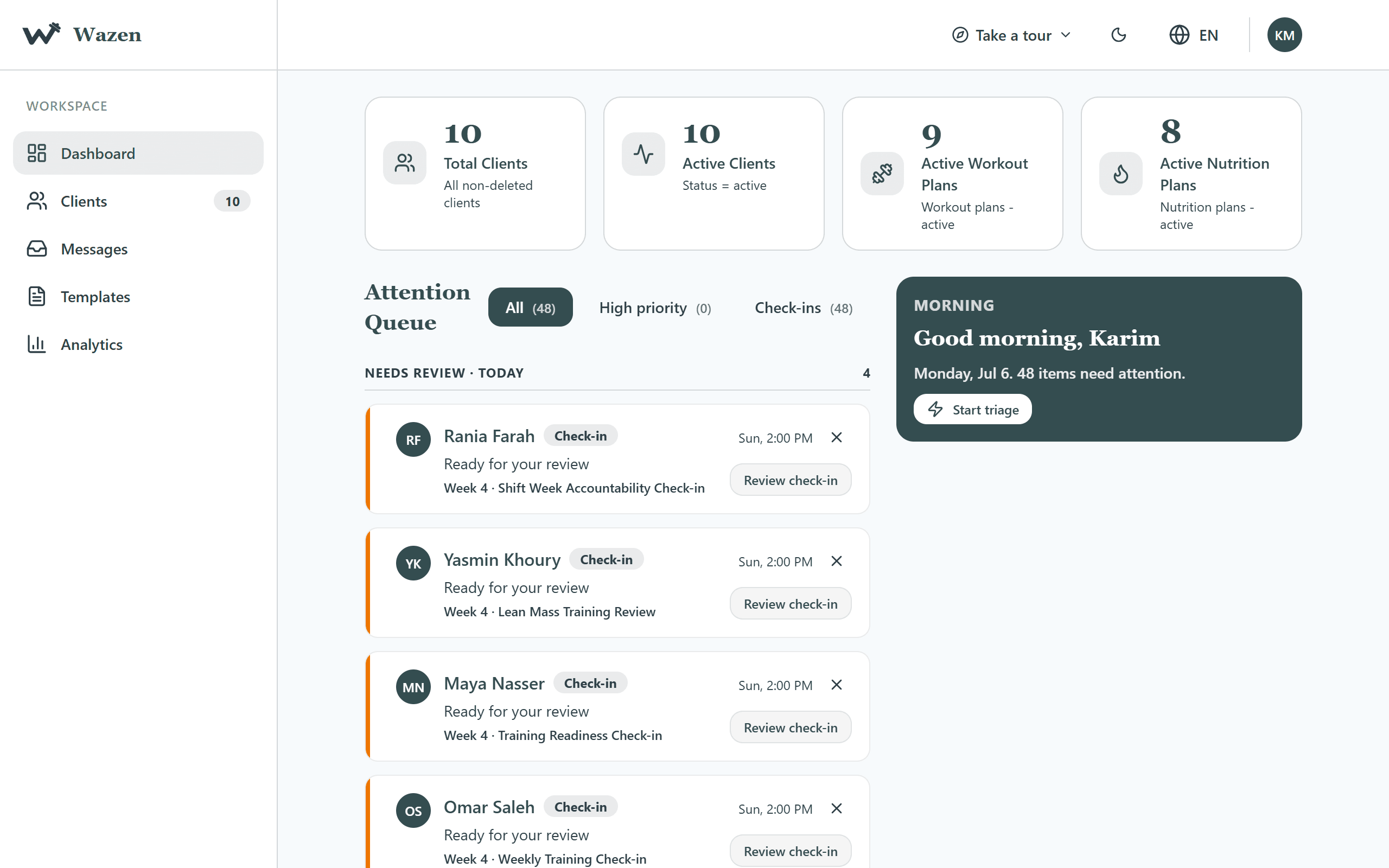 Wazen coach dashboard showing the client roster, attention queue, and upcoming check-ins