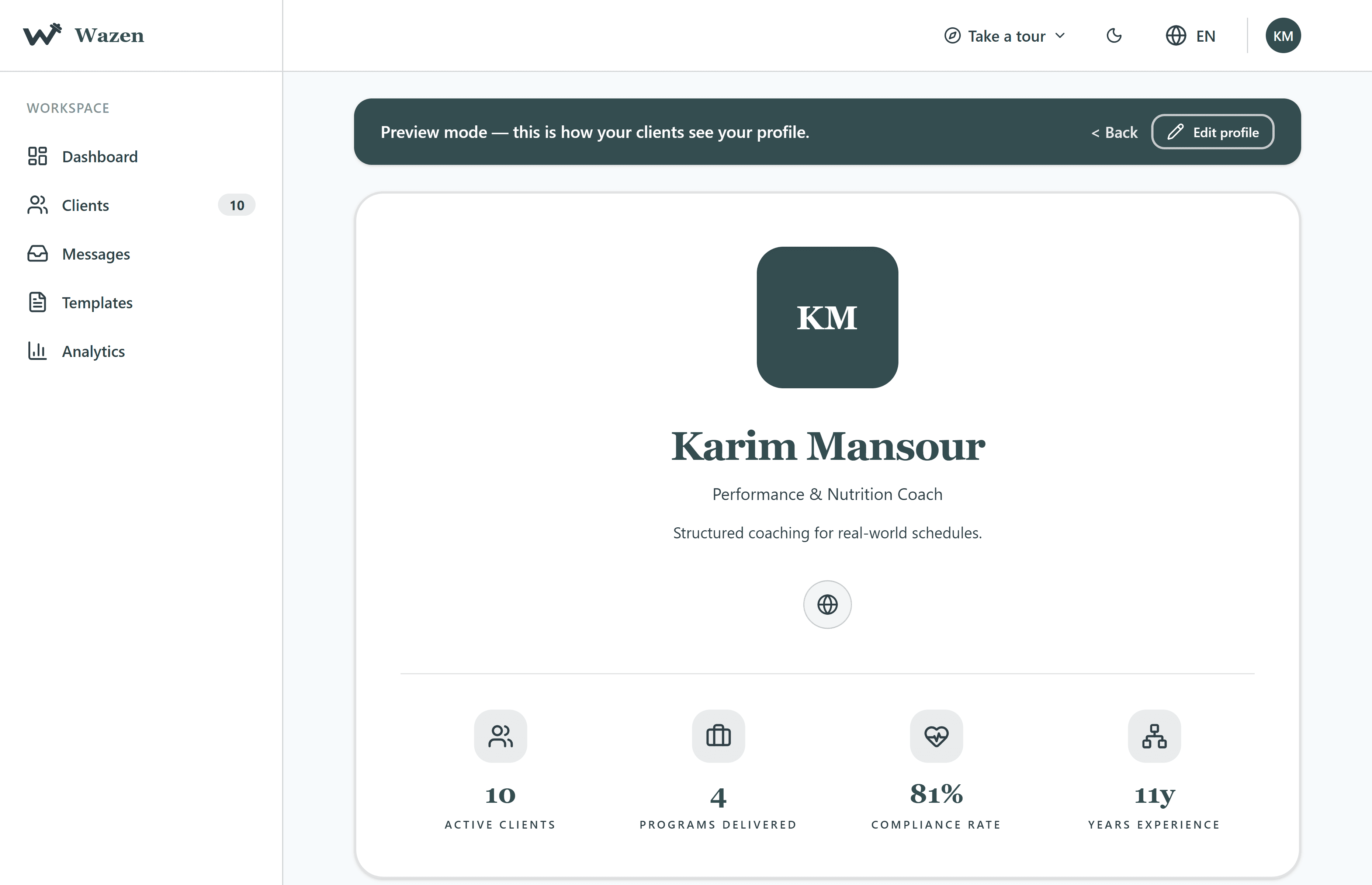 A coach's public profile in Wazen showing active clients, programs delivered, compliance rate, and years of experience
