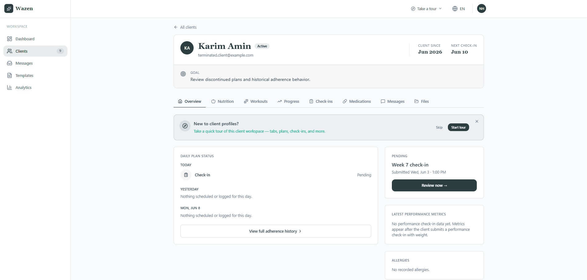 Individual client overview in the coach dashboard