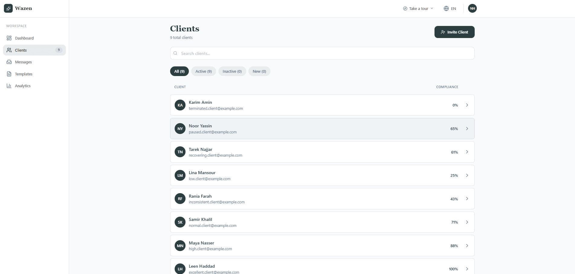 Wazen client roster showing compliance scores for each client