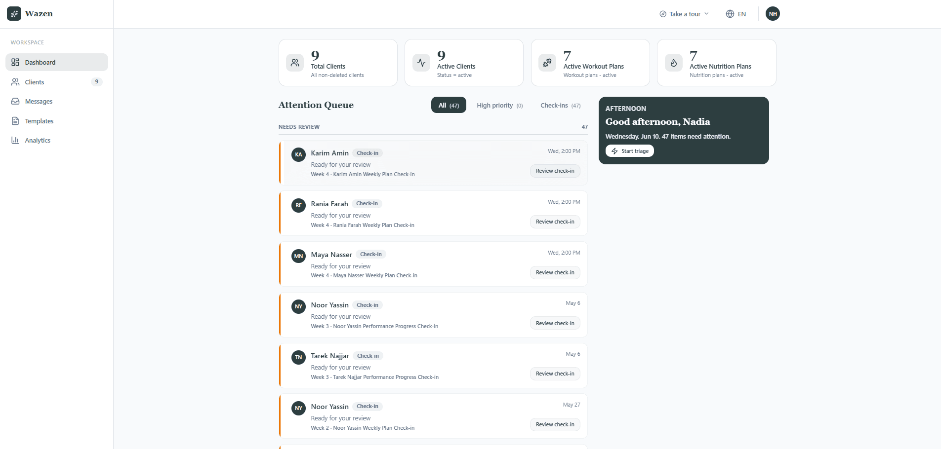 Wazen coach dashboard showing the client roster, attention queue, and upcoming check-ins